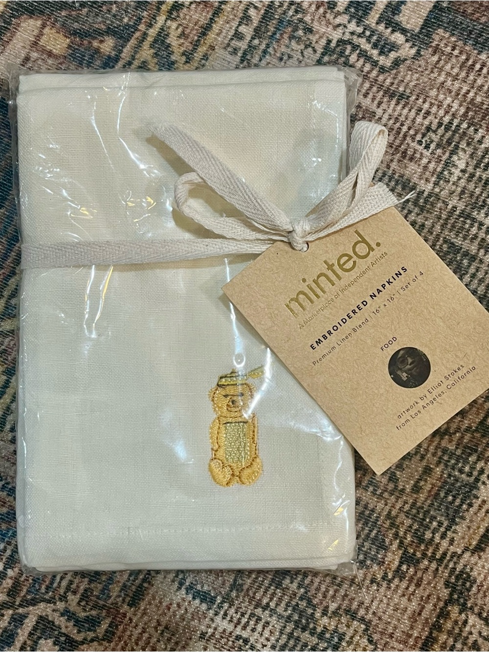 Minted Elliot Stokes Honey Bear Linen Blend Napkins Set of 4 NWT